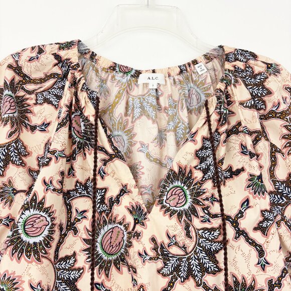 A.L.C. Elly Tie-Front Printed Top Size 2 Cotton Short Puff Sleeve Tassels Boho - Picture 4 of 11